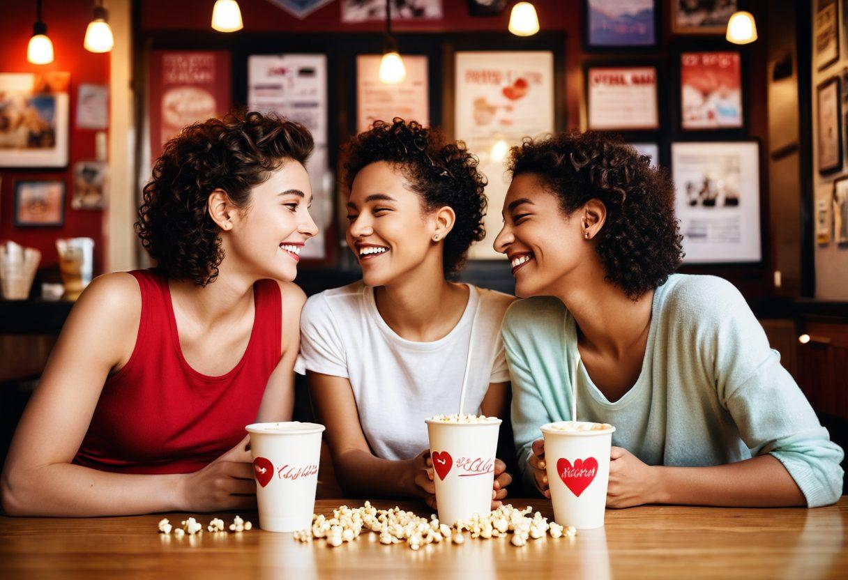 A cozy café scene where two same-gender couples are sharing laughs over coffee, surrounded by romantic comedy posters in the background. The atmosphere is warm and inviting, with a soft glow of fairy lights overhead, capturing joy and connection in their expressions. Include elements that signify love, like heart-shaped clouds and playful elements like popcorn scattered on the table. soft focus. vibrant colors. warm tones.
