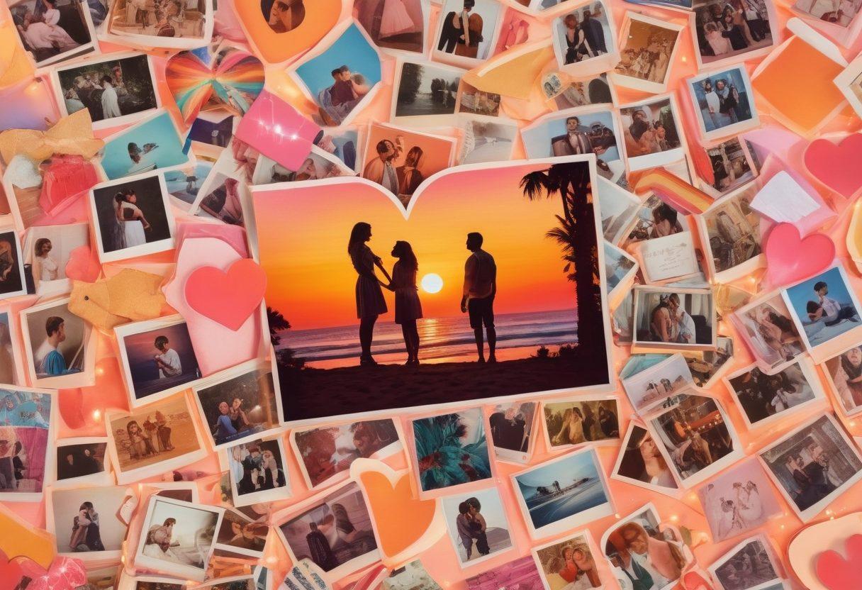 A vibrant collage of iconic scenes from LGBTQ+ romantic films, depicting diverse couples in tender moments, surrounded by an array of colorful film reels and hearts symbolizing love and identity. Soft glowing lights add a magical touch, while a backdrop of a sunset casts warm hues on the scene. Include elements of film criticism like a vintage film camera and a notebook with notes. super-realistic. vibrant colors. 3D.