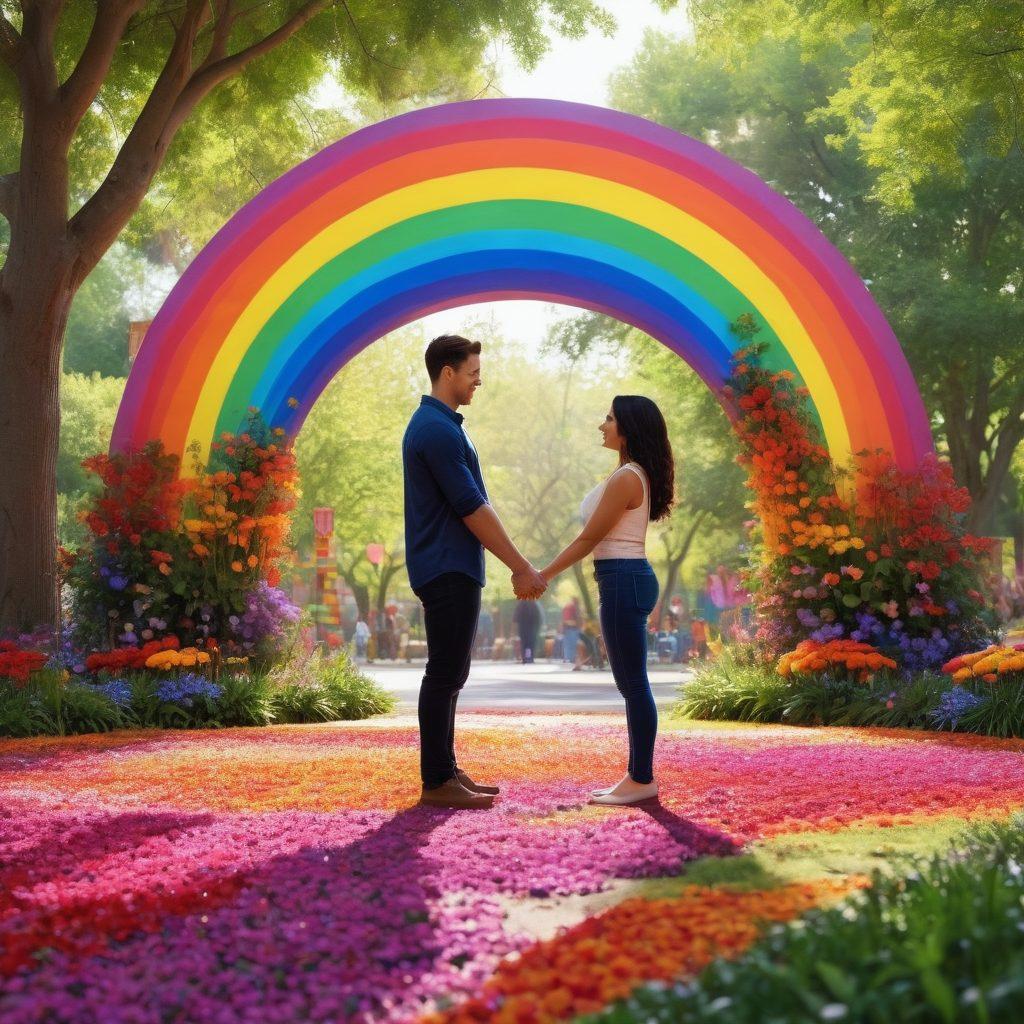 A vibrant scene capturing a diverse couple sharing a heartfelt moment in a colorful city park, surrounded by blooming flowers and lively art installations. Rainbows gently arc overhead symbolizing love and acceptance, while soft light filters through the leaves, illuminating their joyful expressions. The background features subtle representations of various identities through art pieces, enhancing the theme of transformation and affection. super-realistic. vibrant colors. 3D.
